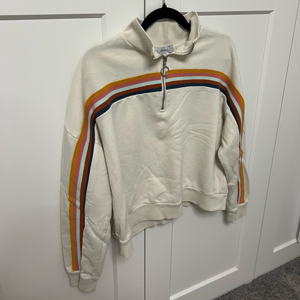 Cream Quarter-Zip Sweatshirt with Stripes